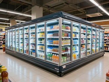 Wide shot of a supermarket refrigerated display aisle, open-front multideck refrigerated cases lined with product, cold blue LED strip lighting inside each case, tile floor reflecting light, empty store before opening hours — industrial commercial environment