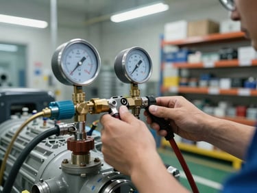 Close-up of a technician's hands attaching pressure gauges to a commercial refrigeration compressor manifold, refrigerant hoses connected, industrial workshop background with shelves of parts, cold fluorescent lighting — tools sharp in focus