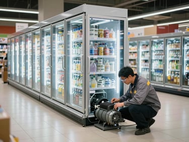 Wide shot of a supermarket refrigerated display aisle — multiple glass-door upright freezer units lit from inside, a technician in work uniform and safety glasses crouching to inspect the compressor panel at the base of a unit, cool LED light spilling across the tiled floor