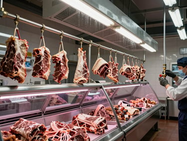 Wide-angle interior of a working butcher shop cold room — stainless steel rails with hanging meat, industrial fluorescent lighting overhead, condensation visible on the evaporator unit mounted near the ceiling, technician's gloved hand adjusting a refrigerant line fitting