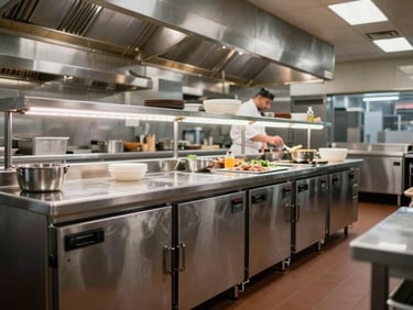 Wide-angle view of a commercial restaurant kitchen, stainless steel under-counter refrigeration units below prep tables, cold LED strip lighting, chef's hands visible working at prep station, industrial hood visible overhead