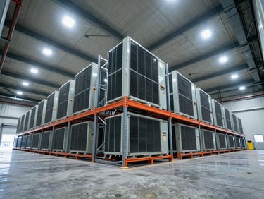 Wide panoramic shot inside a large industrial cold room facility, floor-to-ceiling pallet racking receding into depth, heavy-duty evaporator units mounted high on the wall, industrial LED high-bay lighting casting sharp cool white light, shot from low angle at entrance