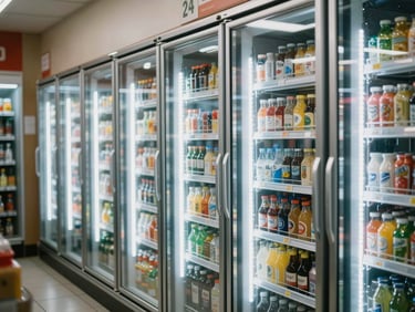 Interior of a small convenience store, upright glass-door refrigerated beverage coolers illuminated from within lining the back wall, cool LED ambient lighting, shot from mid-aisle at a slight low angle showing the full run of coolers