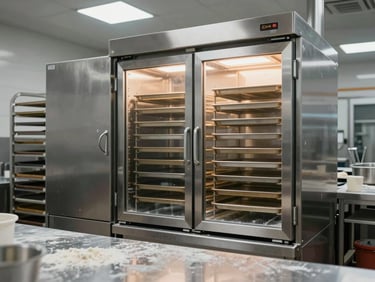 Wide interior shot of a commercial bakery production area, stainless steel refrigerated proofing cabinet open to reveal trays, cold fluorescent overhead lighting, flour-dusted work surface visible in foreground, industrial scale evident