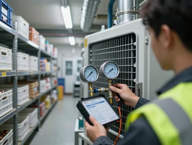 Close-up framing inside a large industrial cold room — rows of stainless steel shelving with food crates, a refrigeration technician in high-visibility vest using a manifold gauge set connected to the evaporator unit, cool ambient fluorescent light, frost visible on ceiling pipes