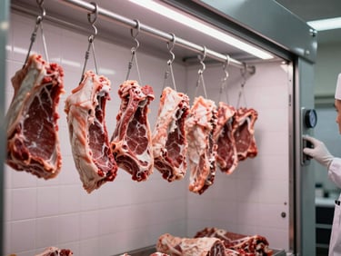 Close-up wide shot inside a commercial butcher cold room, stainless steel hanging rails with meat cuts visible, industrial LED lighting illuminating white tiled walls, technician's gloved hand adjusting a temperature gauge panel on the right