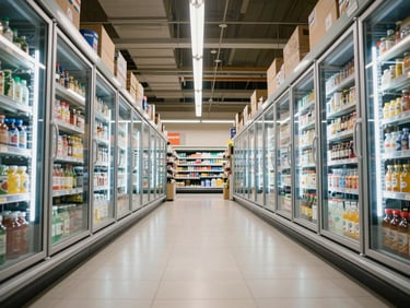 Wide-angle interior of a supermarket refrigerated aisle, glass-door upright freezer units lining both walls under cold fluorescent lighting, shelves fully stocked, shot from low angle at aisle entrance showing scale