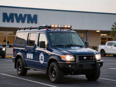 Marked MWM patrol vehicle driving through a commercial parking lot at dusk, headlights on, high contrast navy and slate tones, 50mm lens.