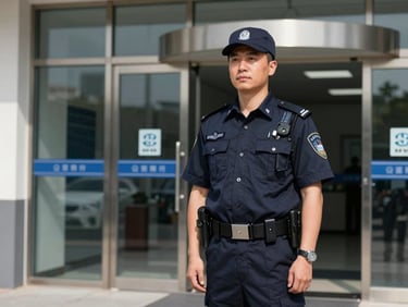 Professional uniformed MWM security officer standing alert at a commercial building entrance during sharp daylight, high contrast navy and slate tones, 50mm lens.