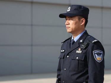 Subtle shot of a professional, well-dressed security operative observing a perimeter, focus on professionalism and discretion, sharp daylight, high contrast navy and slate tones, 50mm lens.