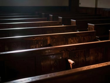A shadowed courtroom interior with empty mahogany benches, dramatic side-lighting cutting through dust, cinematic noir style