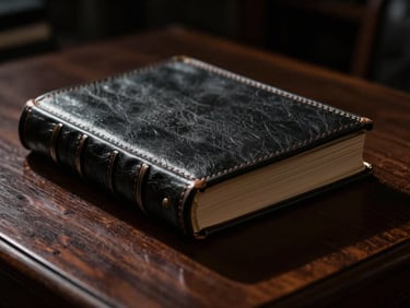 Close-up of leather-bound legal codes on a dark mahogany desk, dramatic low-key lighting, deep shadows, sharp focus