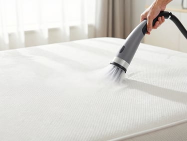 Clean mattress sanitization process, professional steam extraction, bright daylight