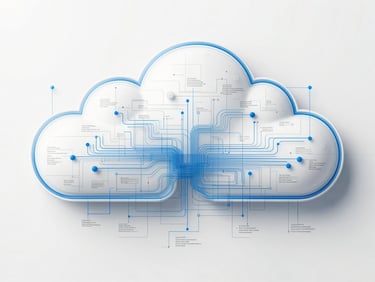 Abstract architectural schematic of a cloud network layout, clean white background with precise electric blue lines and technical data points, minimalist design.