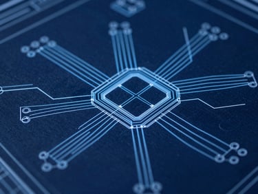 Macro close-up of a high-contrast technical schematic blueprint on a digital interface, electric-blue structural lines on a deep navy background, cool daylight glow.