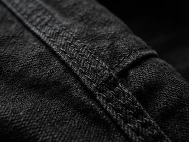 Extreme close-up of a heavy-weight cotton garment seam, structured black fabric texture, sharp directional studio lighting, deep shadows, 35mm lens