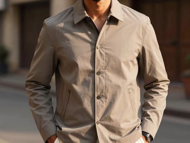 Modern Indian man wearing a stylish, lightweight jacket, hands in pockets, editorial street-style pose, warm natural light, off-center.