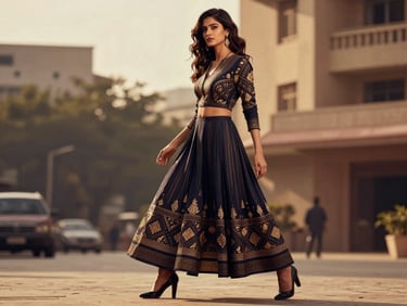 Editorial shot of a celebrity-inspired outfit on a model, dynamic pose, urban background, golden hour light, high contrast, Indian setting.