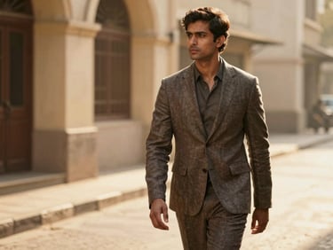 Modern Indian man in a structured linen blazer, looking away, walking down a sun-drenched street, architectural shadows, golden hour.