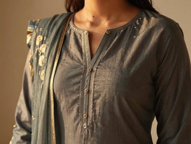 Close-up of a modern Indian woman wearing a beautifully draped kurta, rich fabric texture, soft diffused light