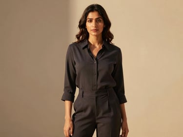 Modern Indian woman in a chic co-ord set, posed against a minimalist background, golden-hour light, off-center