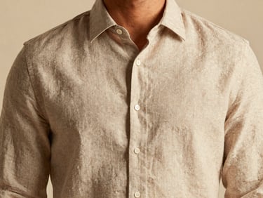 Modern Indian man in a crisp linen shirt, soft beige, natural fabric texture, diffused studio lighting, off-center composition, editorial crop.
