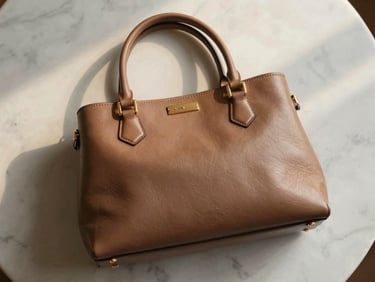 Stylish leather handbag with gold accents, styled flat-lay on a marble surface, soft natural light, elegant styling