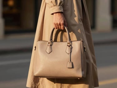 Modern Indian woman carrying a structured leather handbag, soft golden light, street style, off-center