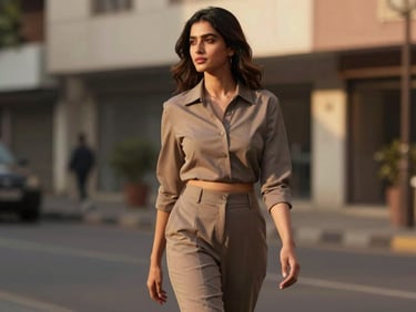 Modern Indian woman in a stylish co-ord set, walking in a city street, soft golden-hour sunlight, editorial crop, rich muted tones