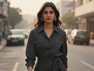 Modern Indian woman in a stylish co-ord set, deep charcoal, gold jewelry, soft golden-hour sunlight, off-center composition, shallow depth of field, street style editorial.