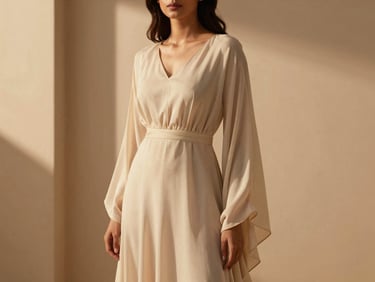 Modern Indian woman wearing an elegant, flowy dress, soft studio lighting, architectural shadows, editorial crop