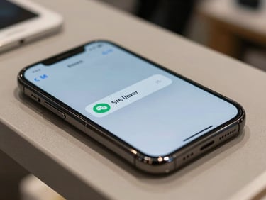 Close-up of a smartphone notification bar showing an SMS delivery confirmation badge with a timestamp, resting on a retail shop counter, natural daylight, tight framing on the screen edge and notification