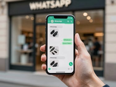 Hand holding a phone displaying a WhatsApp Business message thread with product images and a quick-reply button, in front of a blurred storefront interior, natural daylight, tight frame on the chat screen
