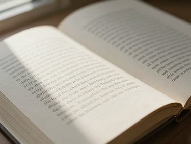 Close-up of an open book with rich paper texture, soft natural window light casting gentle shadows on translated text
