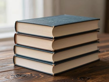 A neat stack of three thick paperback books on a dark rustic wooden table, warm side lighting highlighting the paper edges