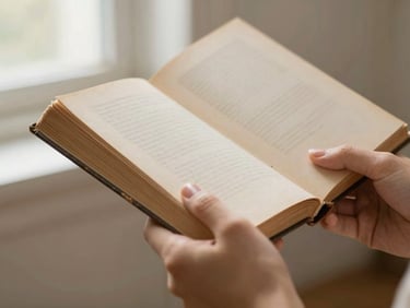 Hands gently holding an old hardcover book under soft reading light, focus on the worn spine and fabric texture