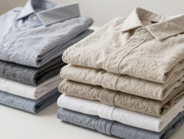 Organized stack of clean, folded cotton and linen shirts in neutral tones, bright studio light, sharp texture detail