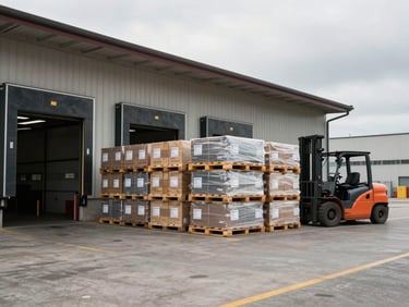 Environmental wide shot of a warehouse receiving dock, overcast daylight from loading bay doors, stacked pallets with attached shipping labels clearly visible in the mid-ground, a forklift parked idle at the far wall, no people