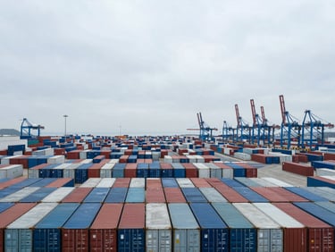 Wide panoramic view of a container terminal at overcast midday, rows of shipping containers extending to the horizon in muted blues and grays, dock cranes visible against a pale sky, no people, no text on containers legible