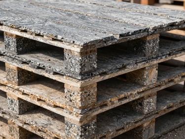 Stacked raw granite stone pallets on an active job site, sharp focus, high-contrast slate and earth tones