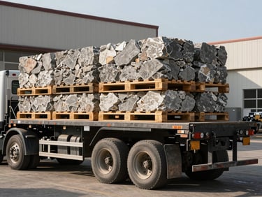 A heavy-duty flatbed commercial truck loaded with raw stone pallets parked outside our West Sacramento office, gritty morning light, sharp focus