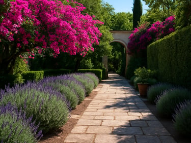 A lush colonial-style garden with neatly pruned lavender bushes, vibrant bougainvillea, and clean stone pathways under bright Guanajuato sunlight.