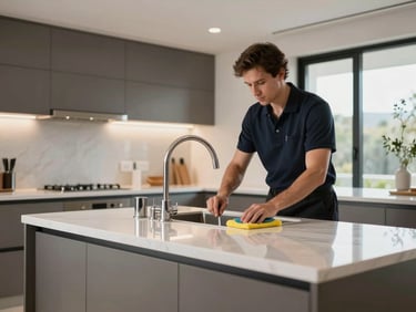 A clean, modern kitchen interior in a luxury villa, with spotless countertops and perfectly polished fixtures, showcasing professional deep cleaning and vacation rental preparation.