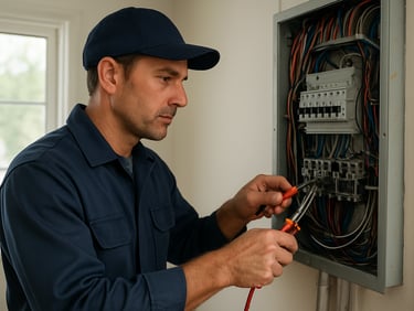 A professional electrician in a clean uniform using high-quality tools to wire a modern circuit breaker panel inside a bright residential property.