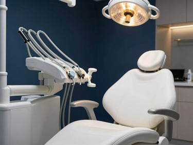 Modern dental unit chair with clean white leather and overhead light in a dental clinic.