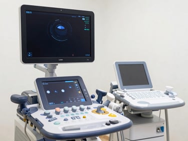 High-end clinical ultrasound system with digital screen and multiple probes in a bright room.