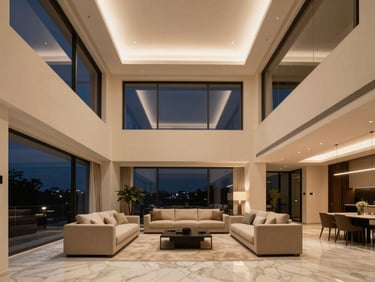 Architectural interior photography of a minimalist luxury penthouse living room in Gurgaon, double-height ceilings, warm champagne lighting, marble floors