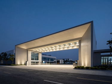 Wide-angle twilight photography of a modern high-tech industrial park entrance with clean structural lines