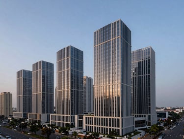 Structured urban planning view of Gurgaon's modern high-rise district, wide-angle lens, clean minimalist architectural lines under clear twilight sky.