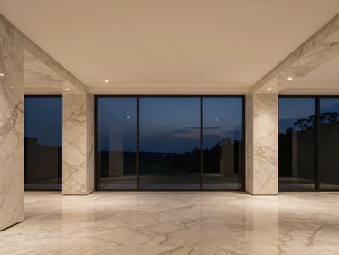 Minimalist residential interior with high-end marble finishes, warm champagne tones, soft twilight lighting through large windows